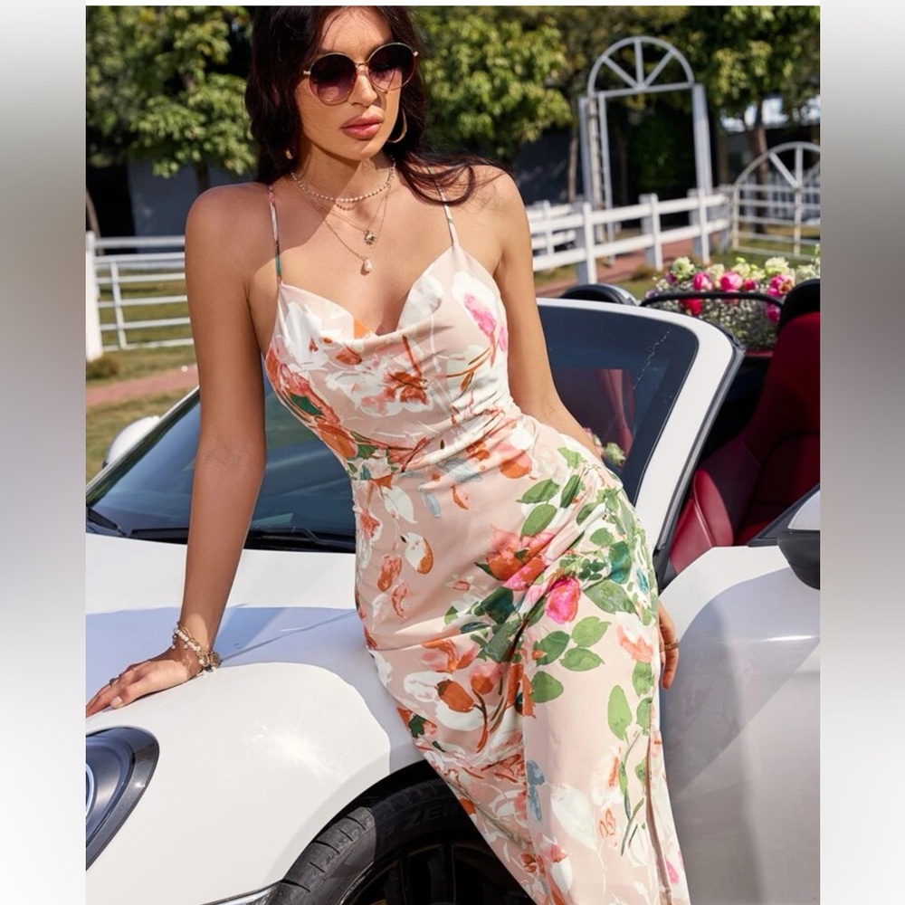 Floral draped front knot backless split thigh cami dress